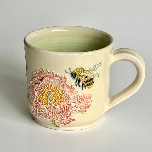 Botanical Mug: Pink Poppy & bumblebee #4131