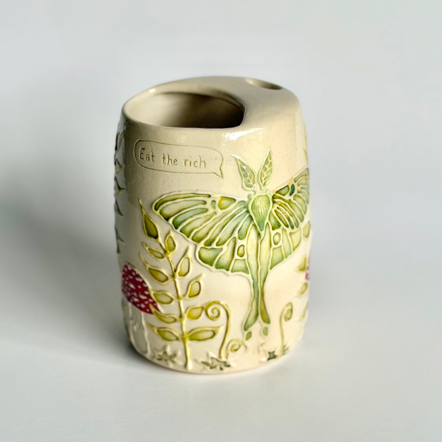 Botanical Travel Cup: Luna Moth & Mushroom, "Eat the rich" #4175