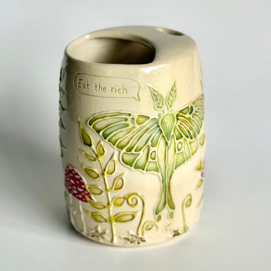 Botanical Travel Cup: Luna Moth & Mushroom, "Eat the rich" #4175