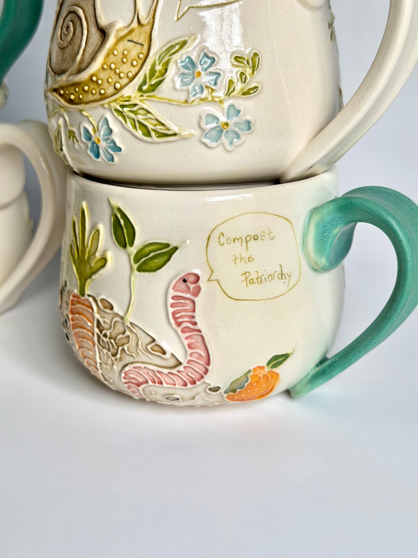 Botanical Mug: Earthworm & Ladybug, "compost the patriarchy" & "ladies first" #4173