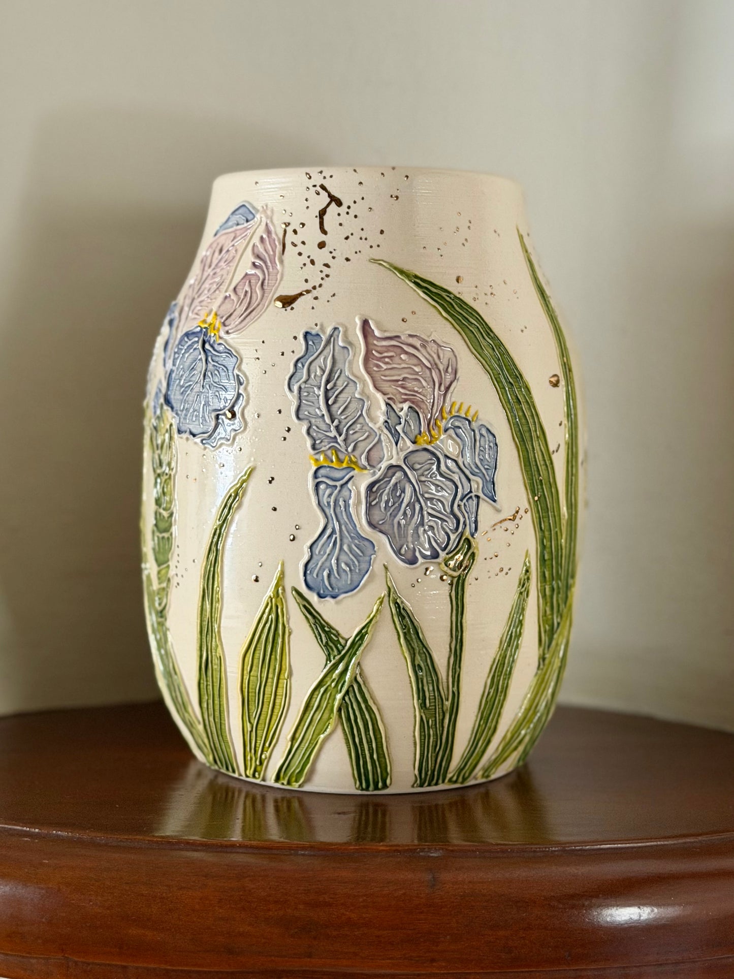 Botanical Vase: Iris & Dragonfly with Gold Accents #4161
