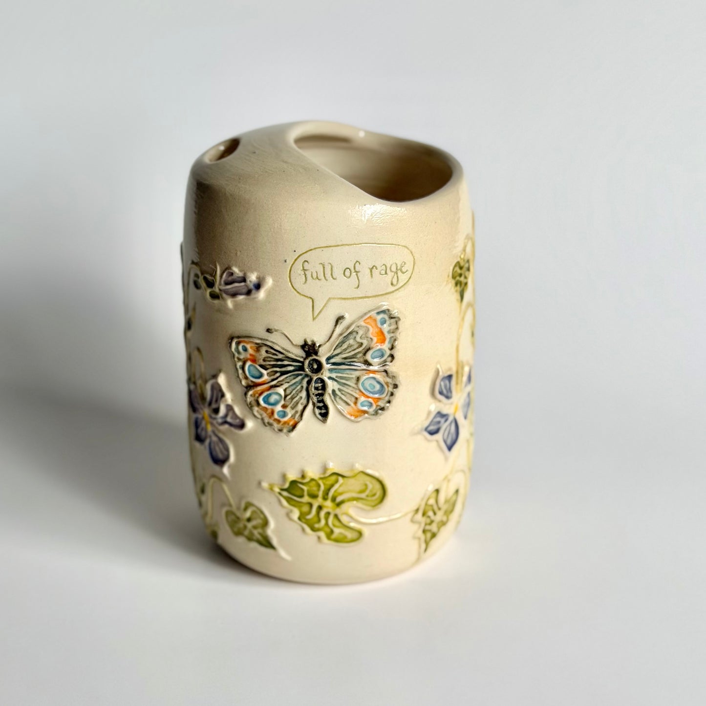 Botanical Travel Cup: Buckeye butterfly & Violets, "full of rage" #4176