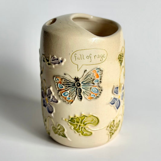 Botanical Travel Cup: Buckeye butterfly & Violets, "full of rage" #4176