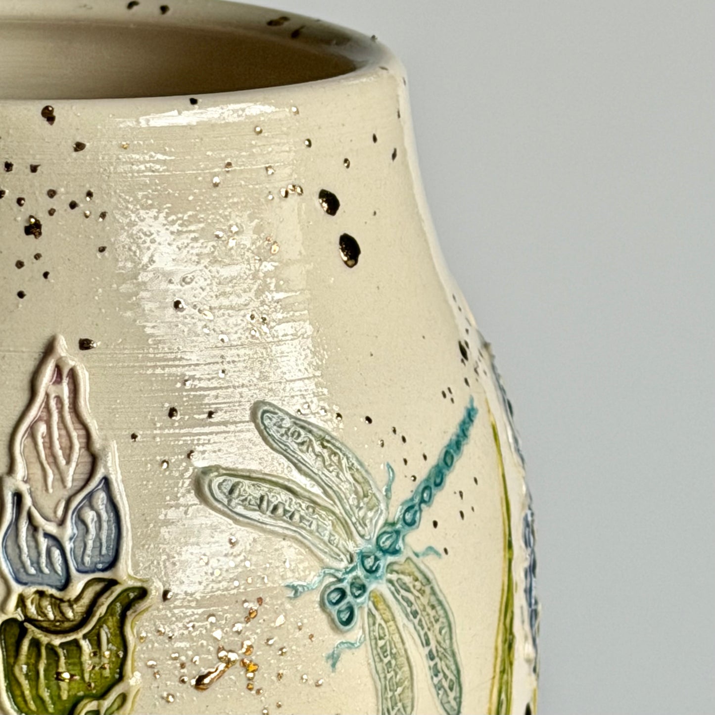 Botanical Vase: Iris & Dragonfly with Gold Accents #4161
