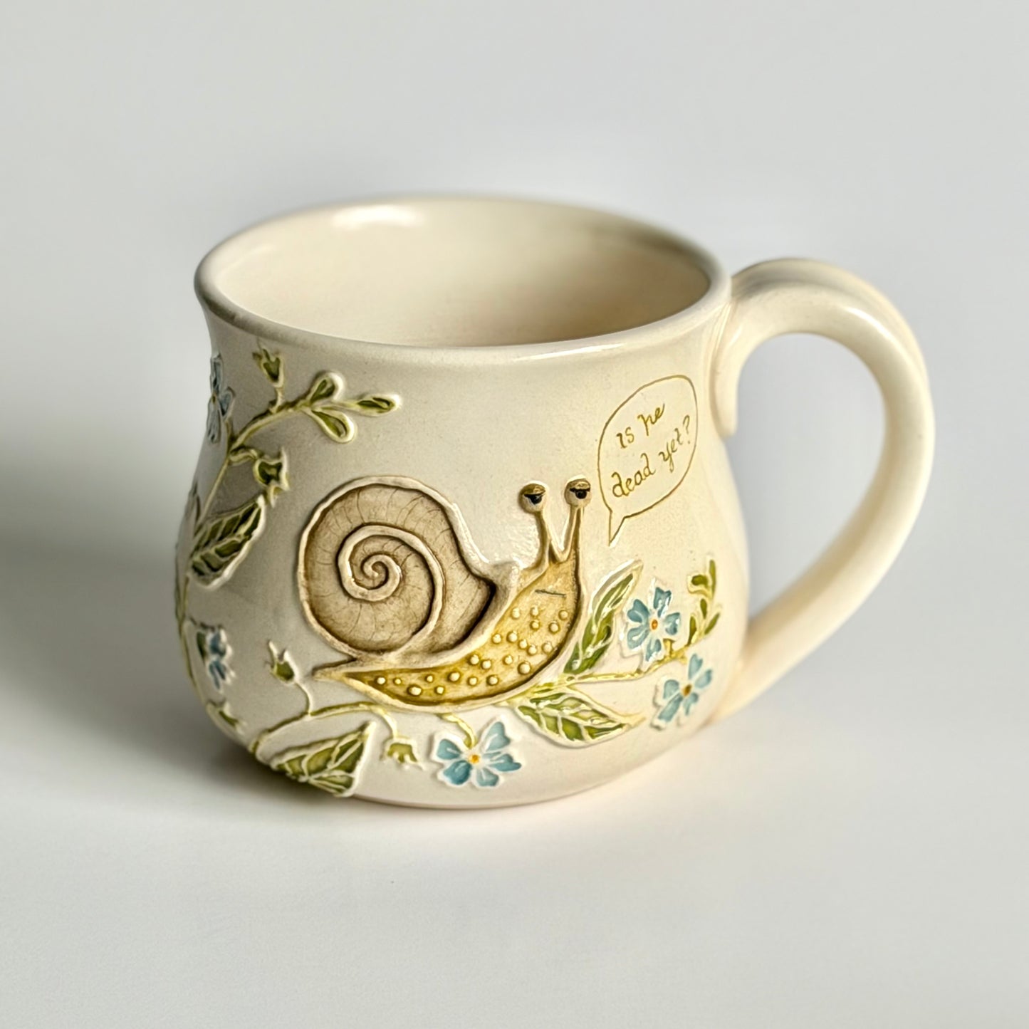 Botanical Mug: Forget-me-not & Snail, " Is he dead yet?" #4171