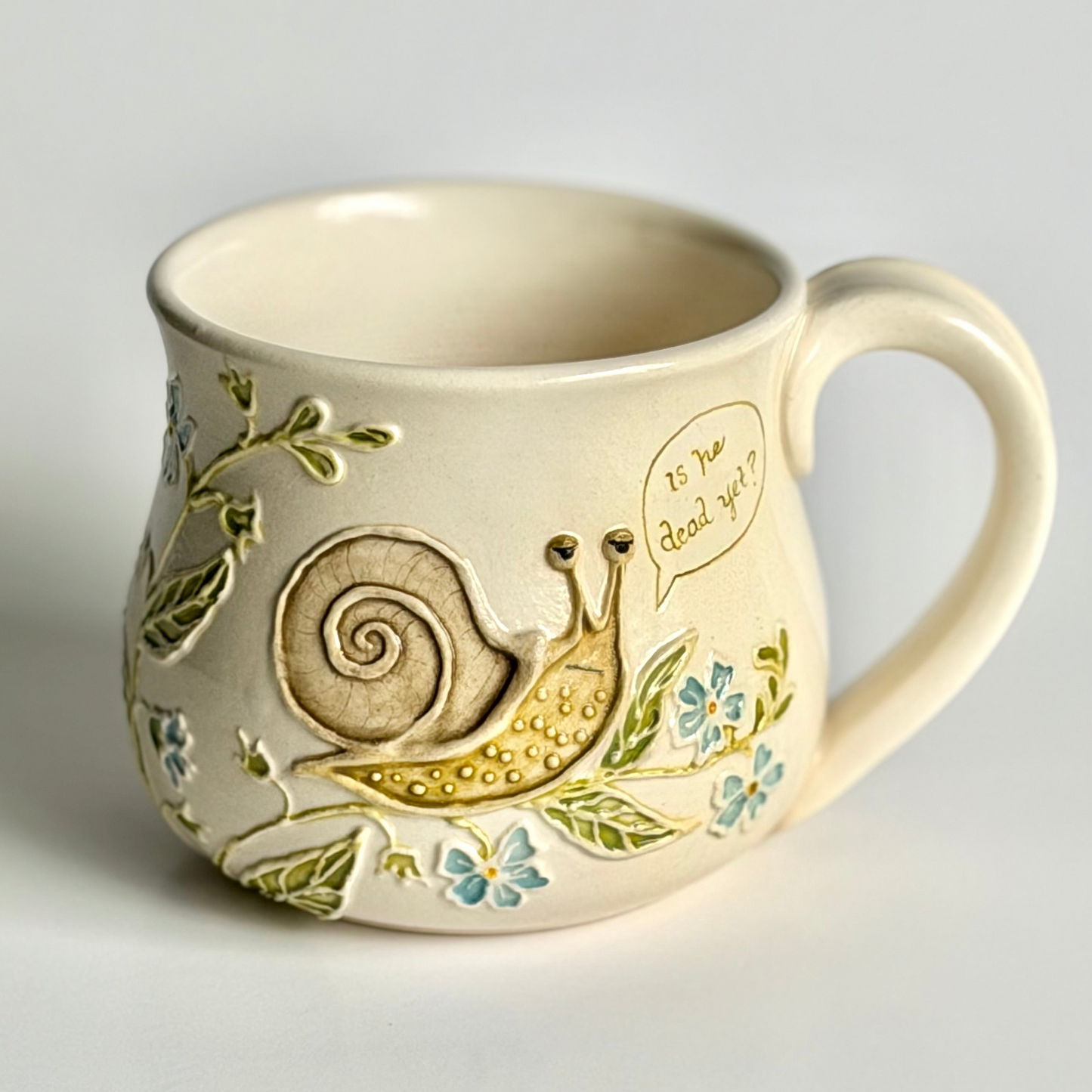 Botanical Mug: Forget-me-not & Snail, " Is he dead yet?" #4171