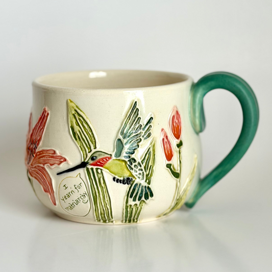 Botanical Mug: Hummingbird & Daylily, " I yearn for matriarchy” #4169