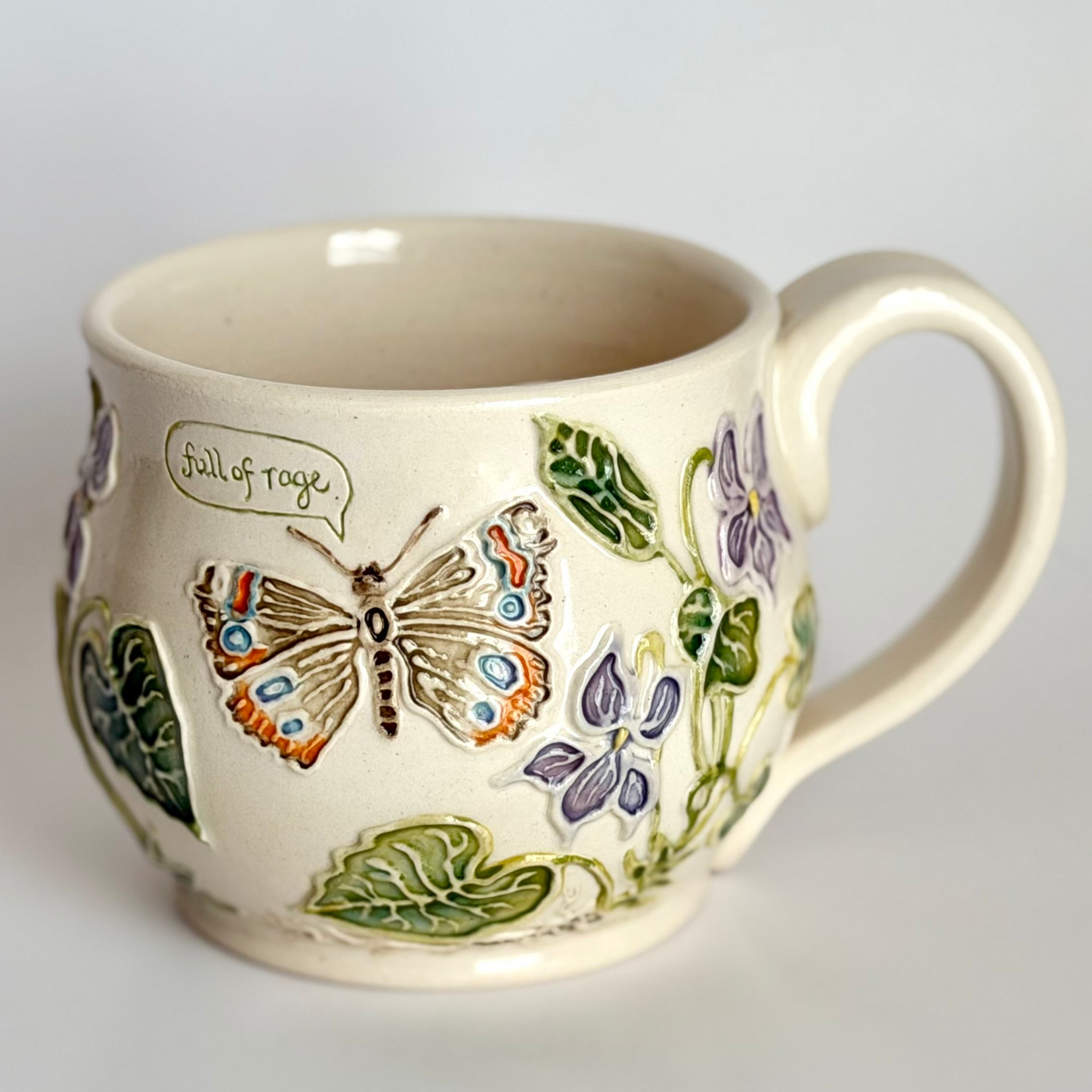 Botanical Mug: Buckeye Butterfly & Violet, "full of rage"   #4168