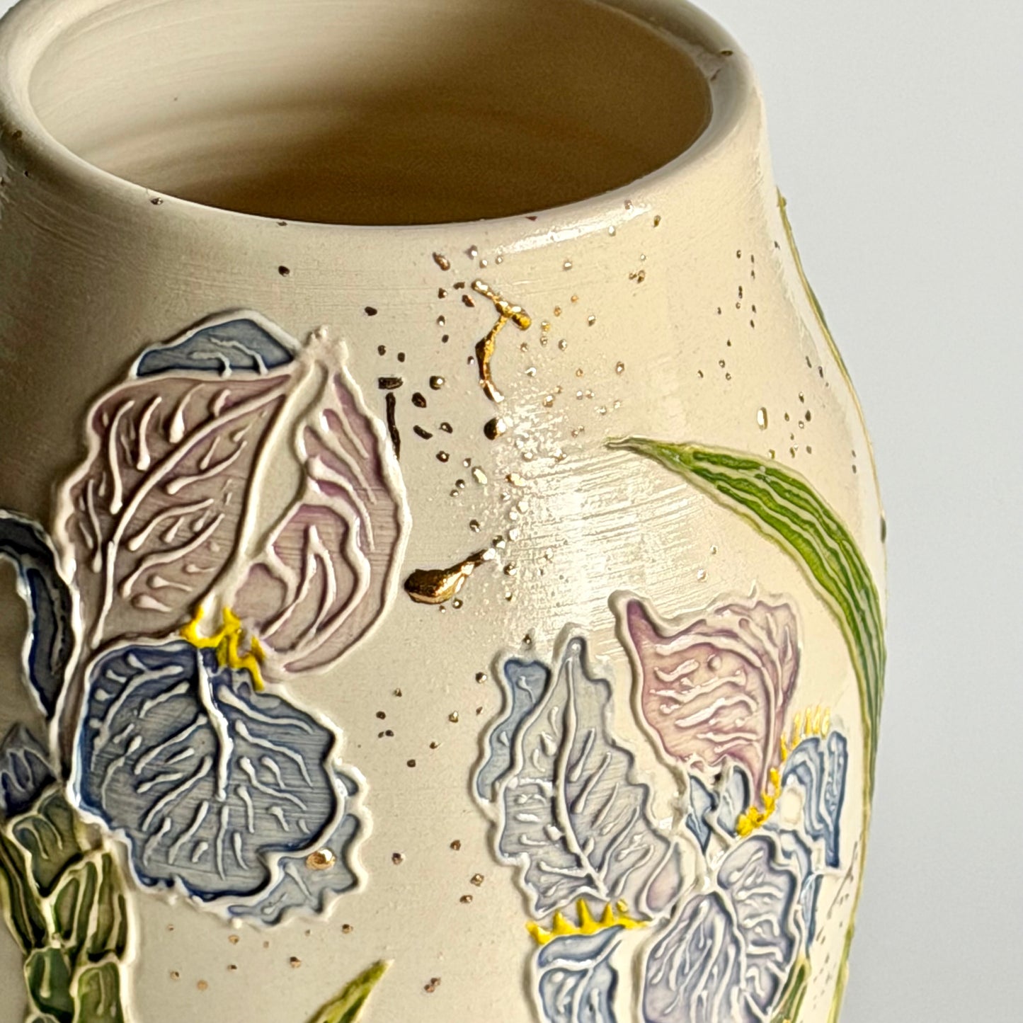 Botanical Vase: Iris & Dragonfly with Gold Accents #4161