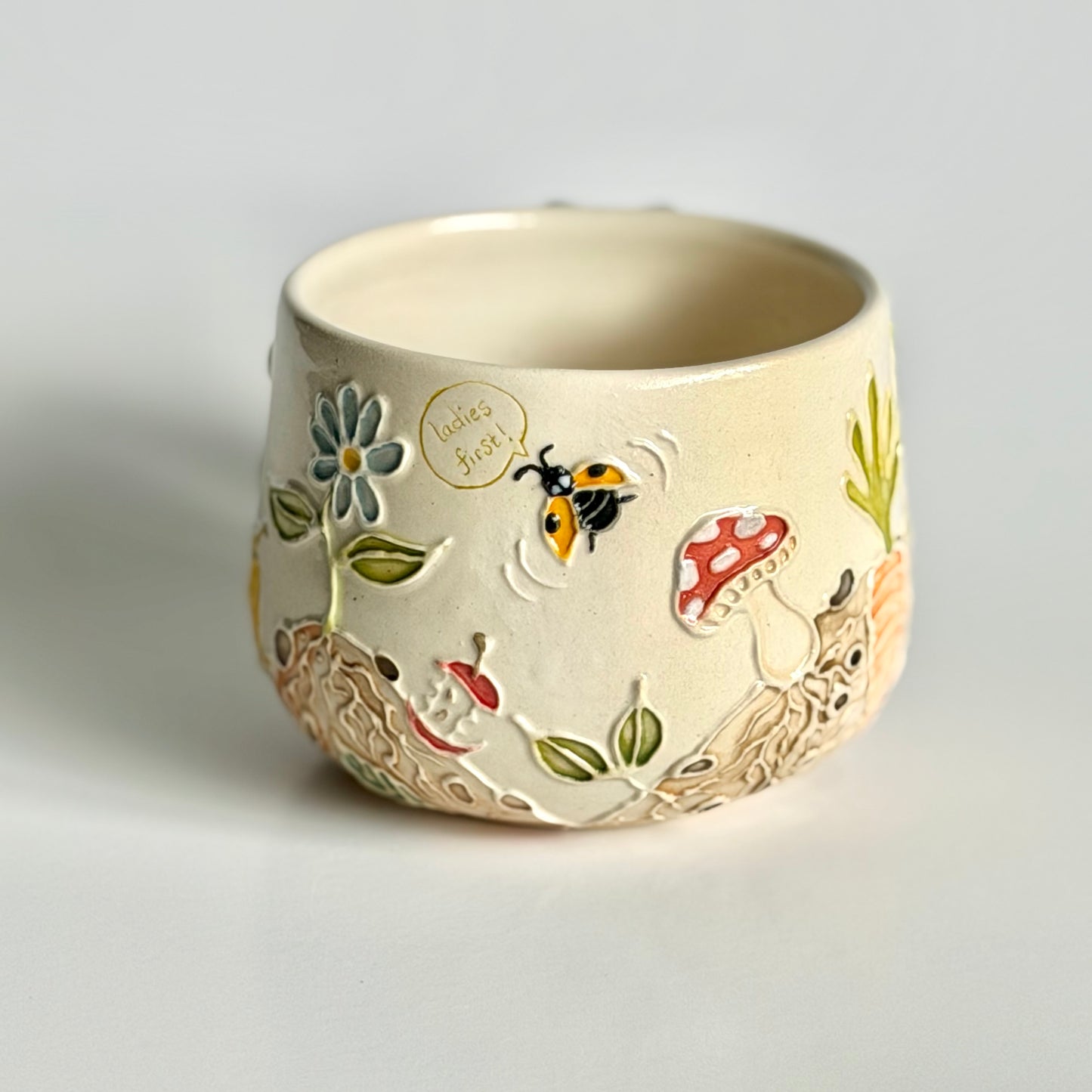 Botanical Mug: Earthworm & Ladybug, "compost the patriarchy" & "ladies first" #4173