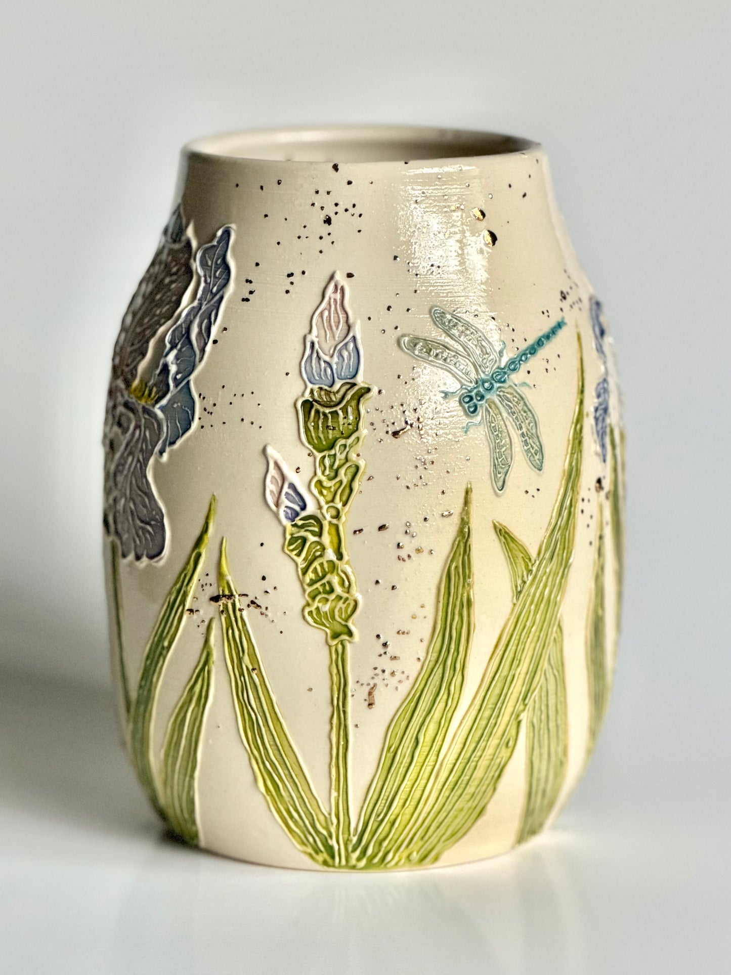 Botanical Vase: Iris & Dragonfly with Gold Accents #4161