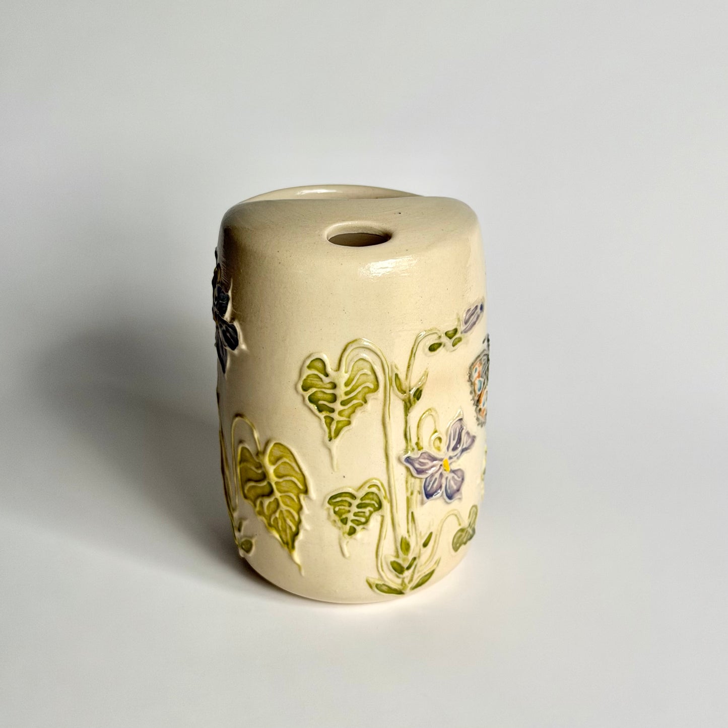 Botanical Travel Cup: Buckeye butterfly & Violets, "full of rage" #4176
