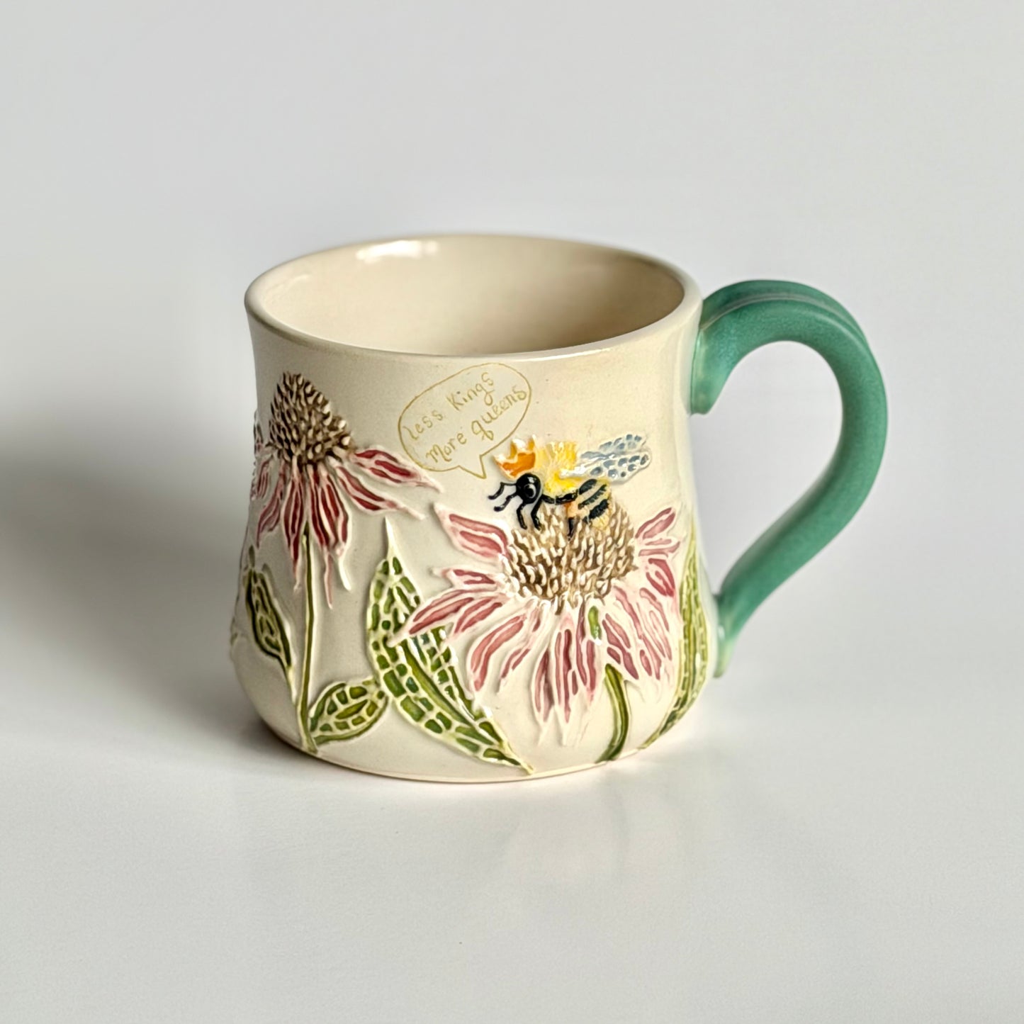Botanical Mug: Coneflower & Bumblebee, "less kings, more queens" #4172