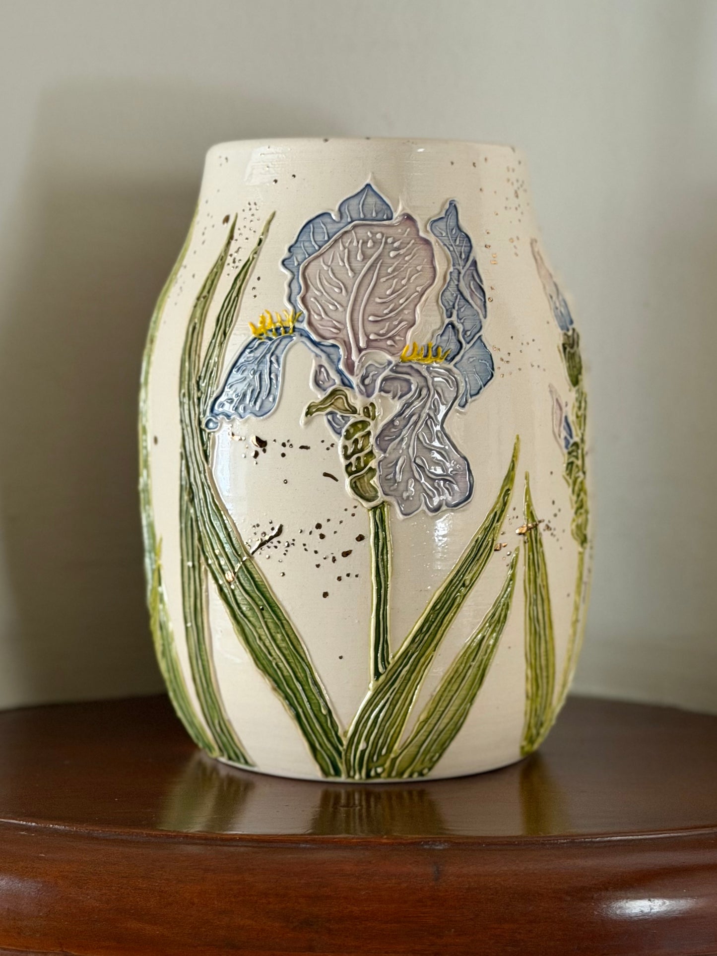 Botanical Vase: Iris & Dragonfly with Gold Accents #4161