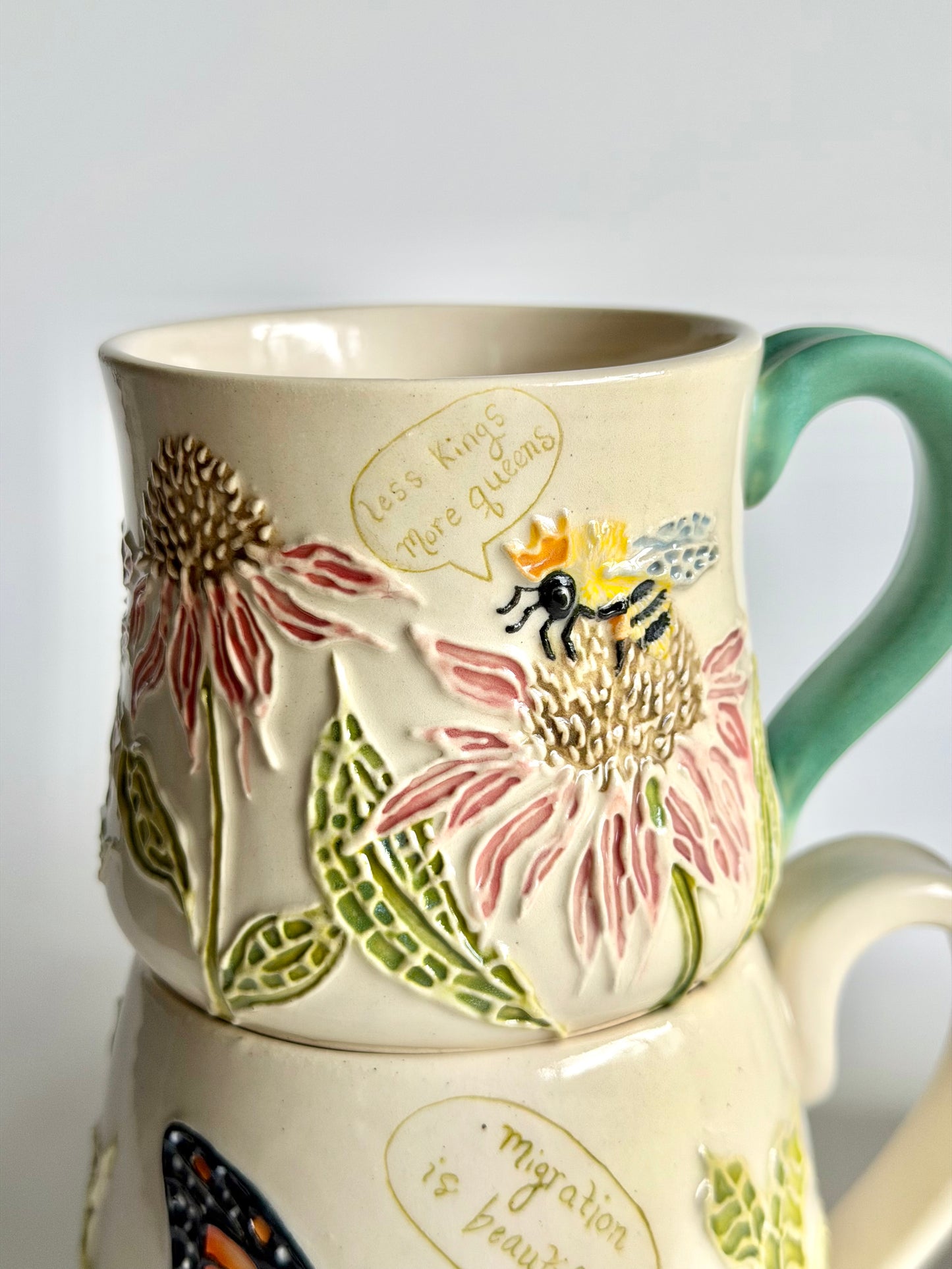 Botanical Mug: Coneflower & Bumblebee, "less kings, more queens" #4172