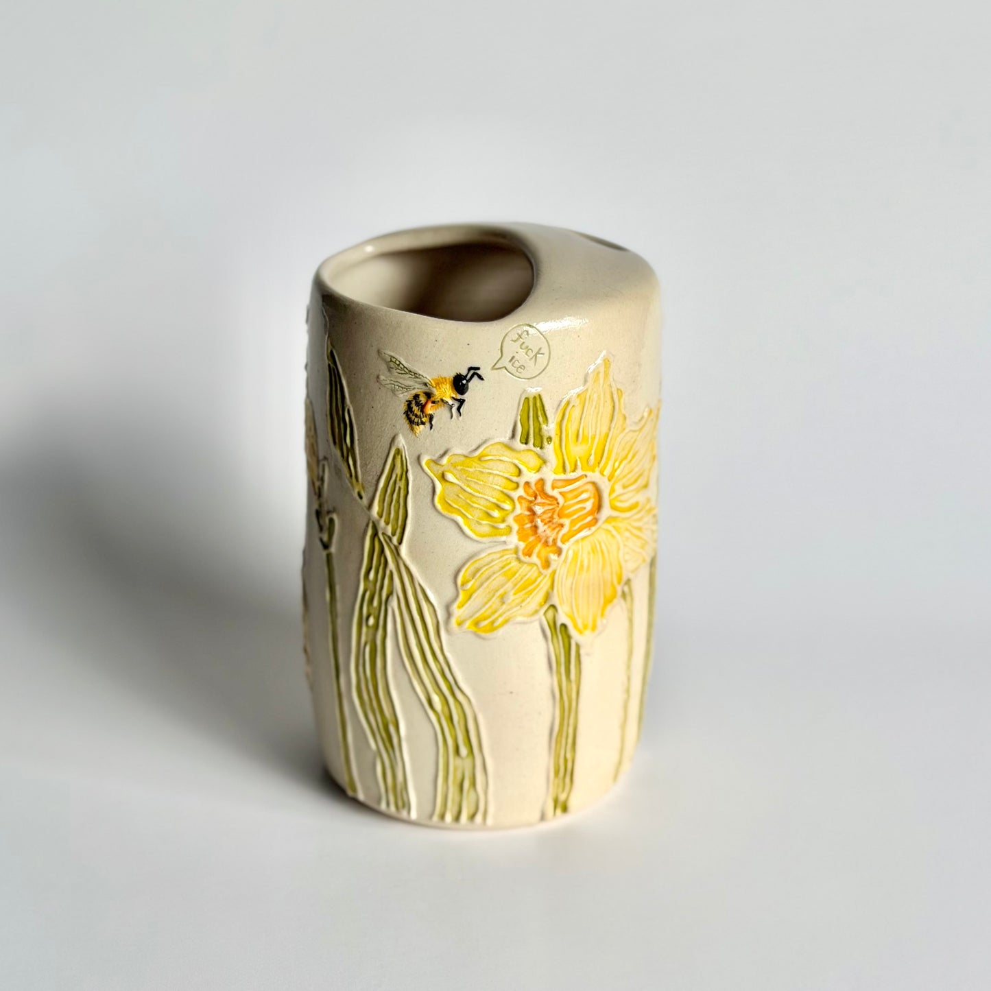Botanical Travel Cup: Honeybee & Daffodil, "fuck ice" #4174
