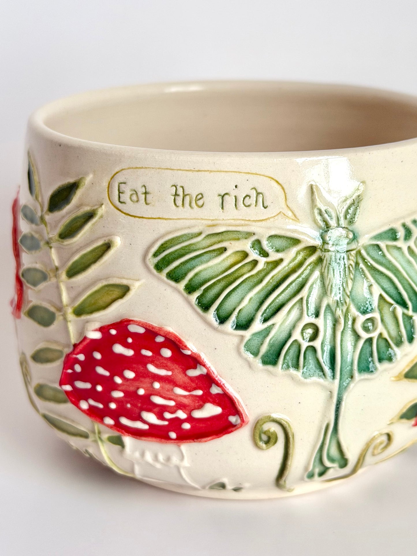 Botanical Mug: Luna Moth & Mushroom, "Eat the rich"  #4167