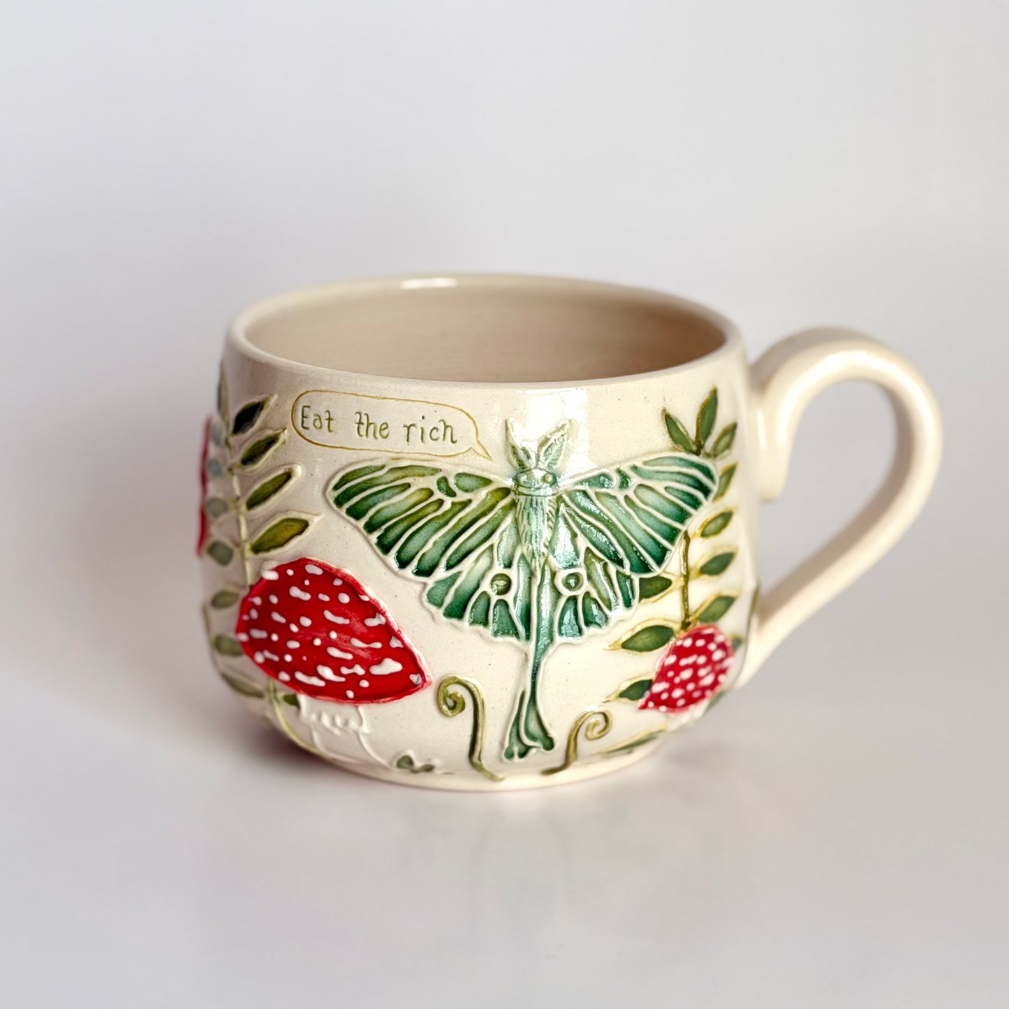Botanical Mug: Luna Moth & Mushroom, "Eat the rich"  #4167