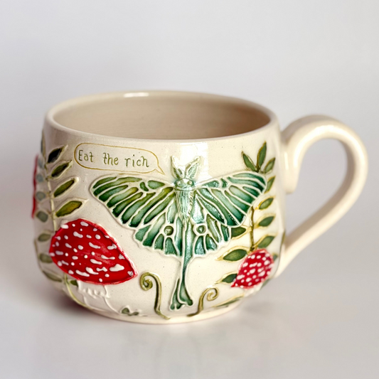 Botanical Mug: Luna Moth & Mushroom, "Eat the rich"  #4167