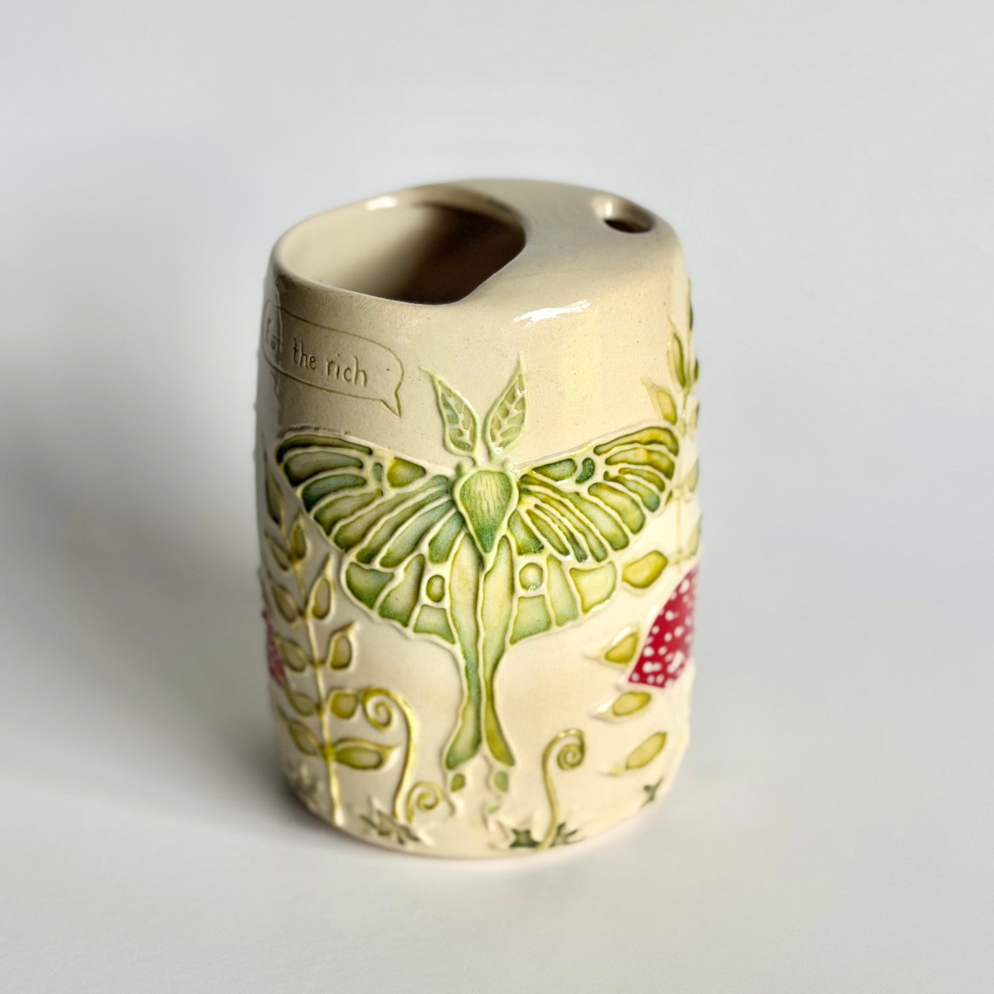 Botanical Travel Cup: Luna Moth & Mushroom, "Eat the rich" #4175