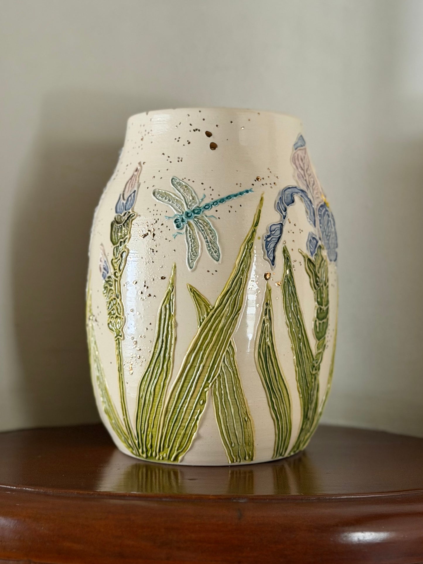 Botanical Vase: Iris & Dragonfly with Gold Accents #4161