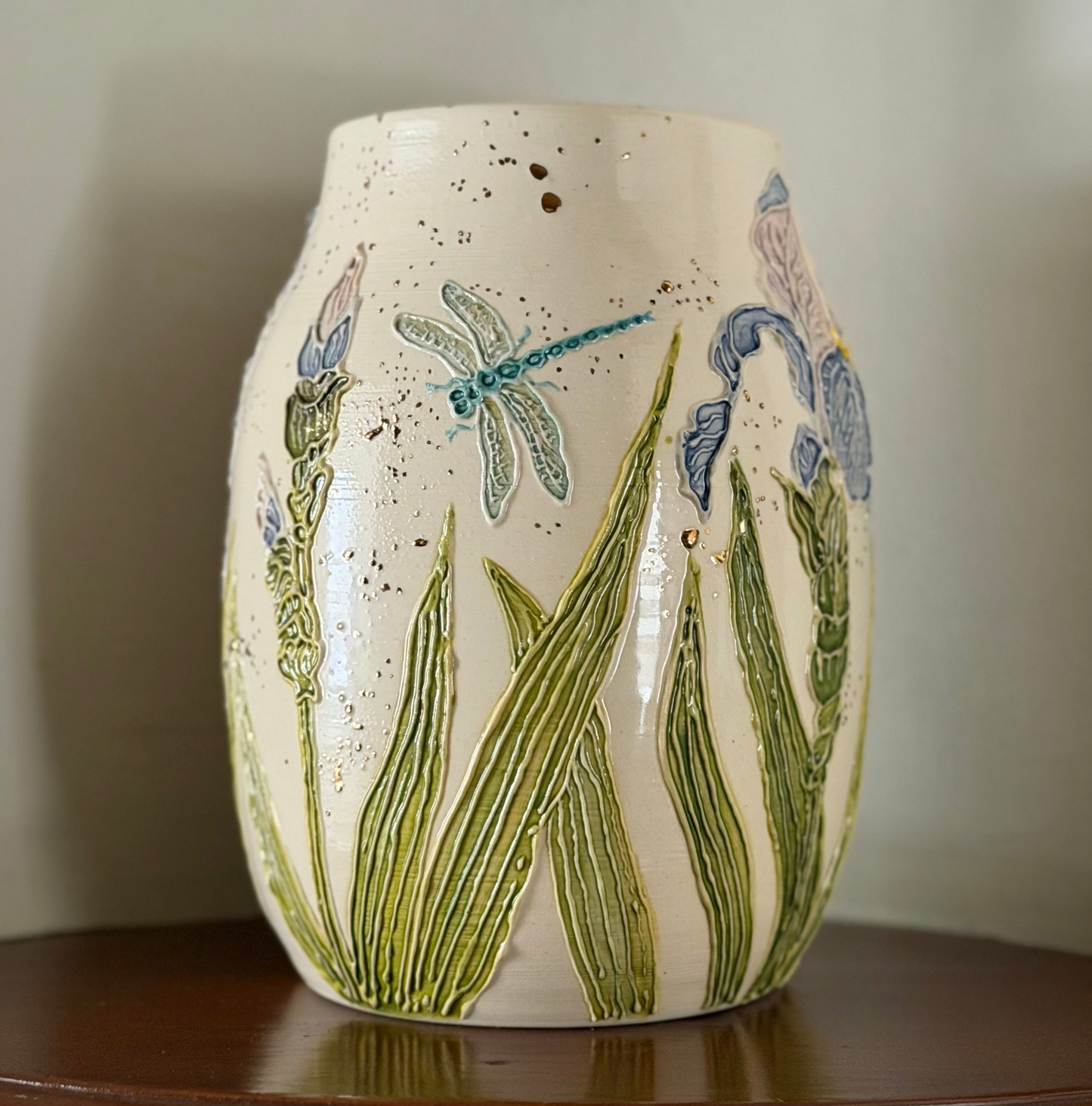 Botanical Vase: Iris & Dragonfly with Gold Accents #4161