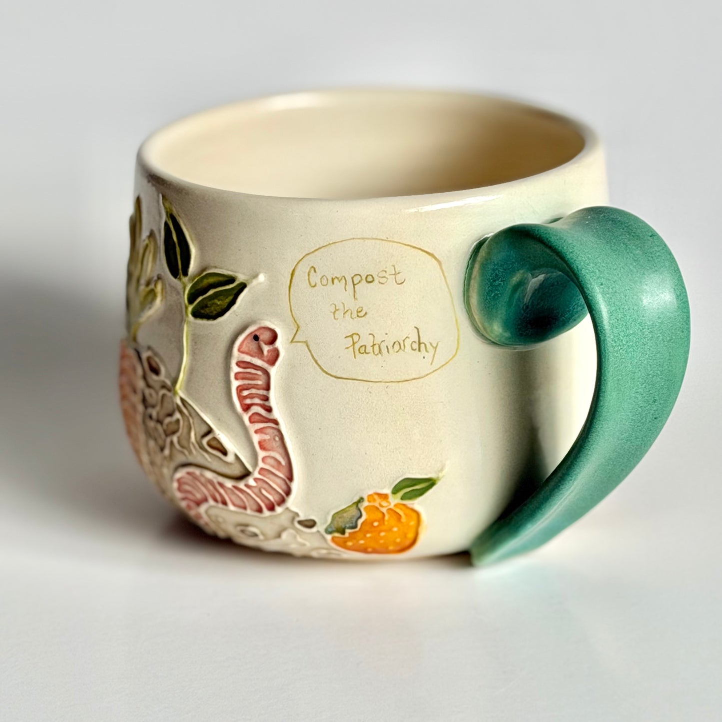 Botanical Mug: Earthworm & Ladybug, "compost the patriarchy" & "ladies first" #4173