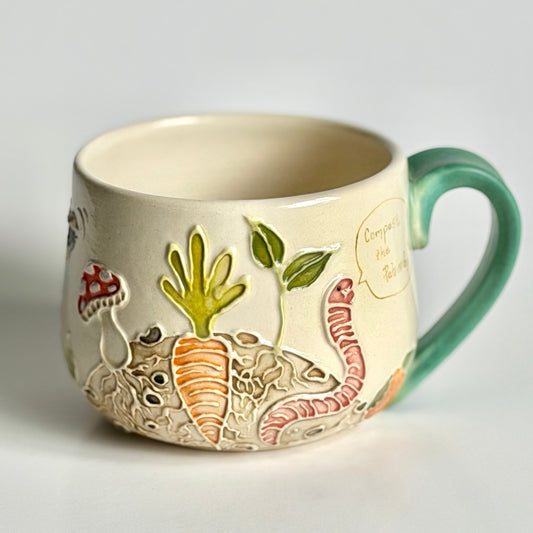 Botanical Mug: Earthworm & Ladybug, "compost the patriarchy" & "ladies first" #4173